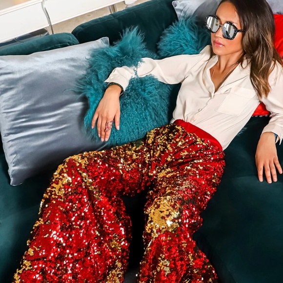 NWT RED SEQUIN WIDE LEG PALAZZO PANTS size 8 plus size 14 - Picture 2 of 5